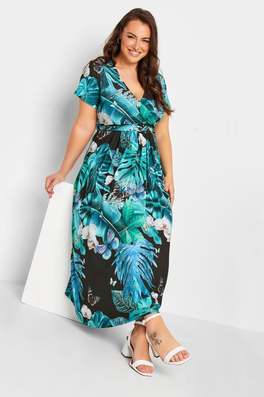 YOURS Plus Size Blue Leaf Print Wrap Neck Dress | Yours Clothing 2