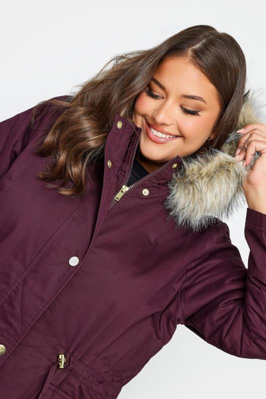 YOURS Curve Plus Size Burgundy Red Faux Fur Parka Coat | Yours Clothing  4