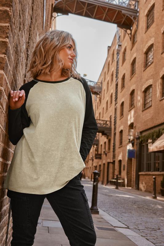 YOURS Curve Natural Beige & Black Long Sleeve Raglan Top | Yours Clothing 2