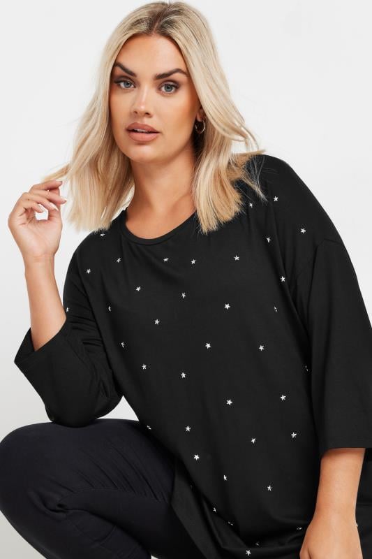 YOURS Plus Size Black Star Embellished Swing Top | Yours Clothing 1