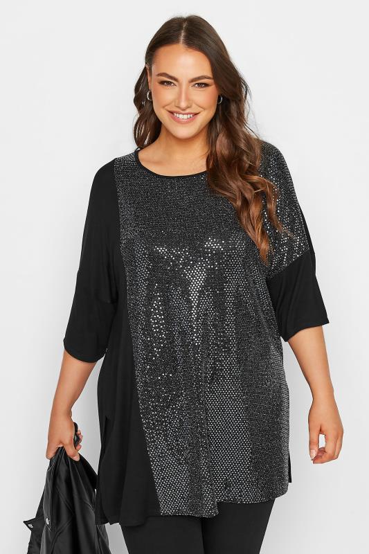 Plus Size Black Sequin Oversized Top | Yours Clothing 1