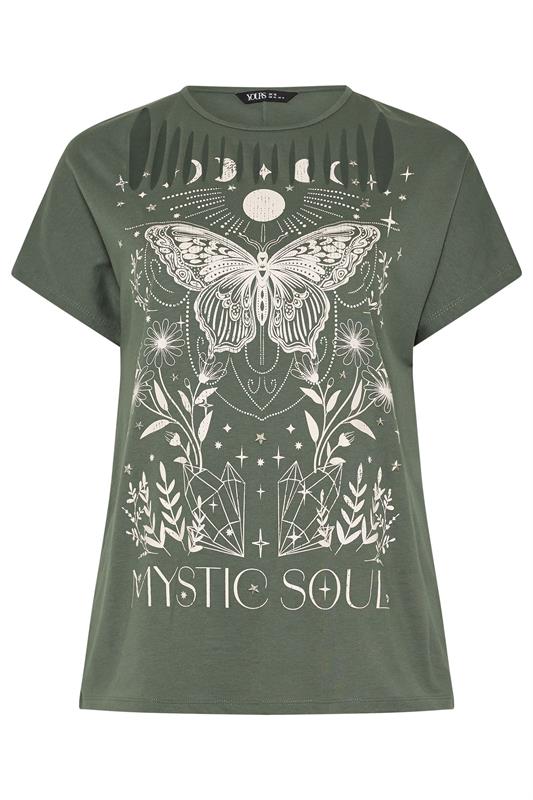 YOURS Plus Size Khaki Green  'Mystic Soul' Laser Cut Slogan T-Shirt | Yours Clothing 6