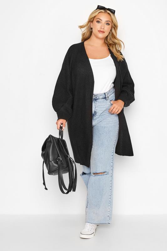 Plus Size Black Pleat Sleeve Knitted Cardigan | Yours Clothing 2