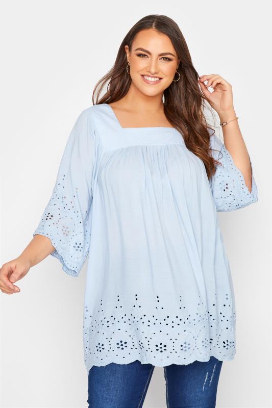 Curve Pale Blue Milkmaid Broderie Anglaise Top 1