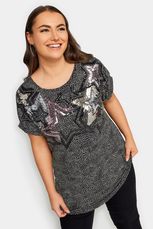 YOURS Plus Size Black Star Sequin Embellished T-Shirt | Yours Clothing 1