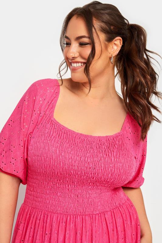 YOURS Plus Size Pink Shirred Broderie Anglaise Midaxi Dress | Yours Clothing 4