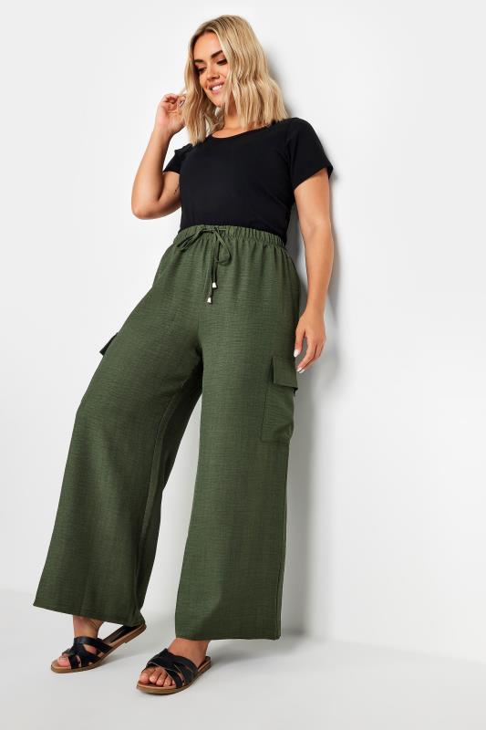 YOURS Plus Size Khaki Green Linen Look Cargo Trousers | Yours Clothing 2