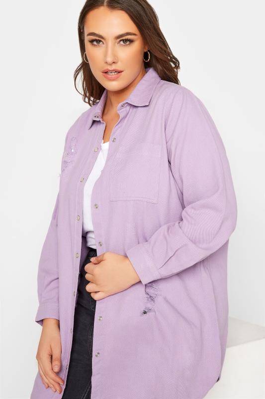 Plus Size Lilac Purple Distressed Denim Shirt | Yours Clothing  4