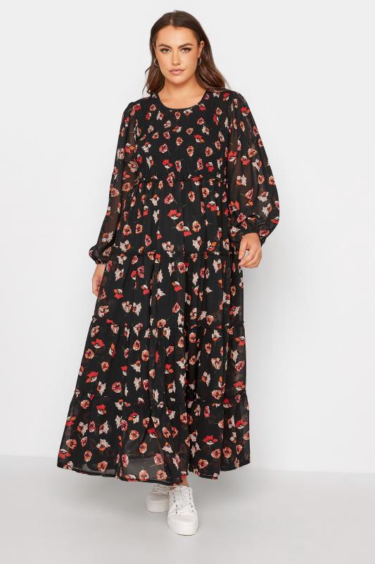 LIMITED COLLECTION Curve Black Shirred Floral Tiered Maxi Dress 1
