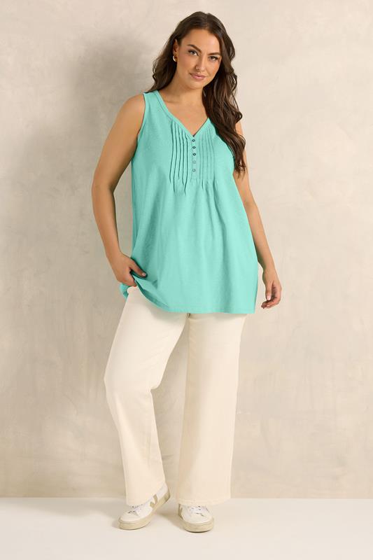 EVANS Plus Size Blue Cotton Henley Vest Top | Evans 1