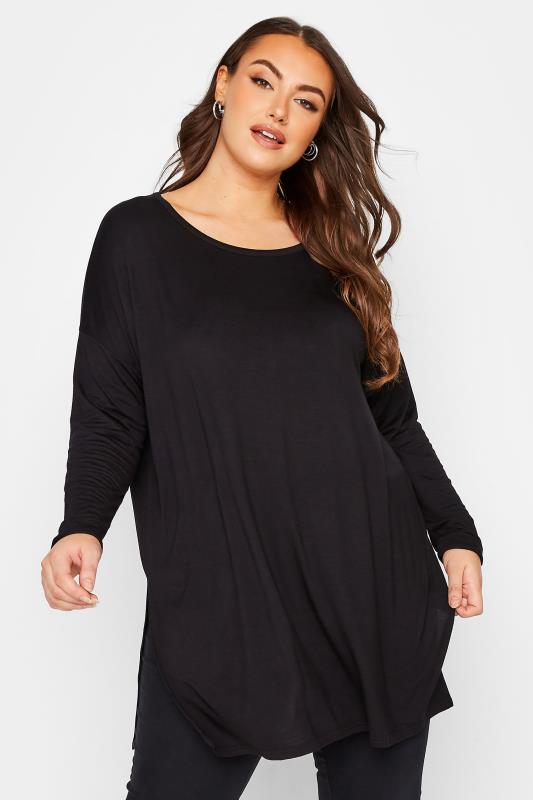  Grande Taille Curve Black Long Sleeve Oversized T-Shirt