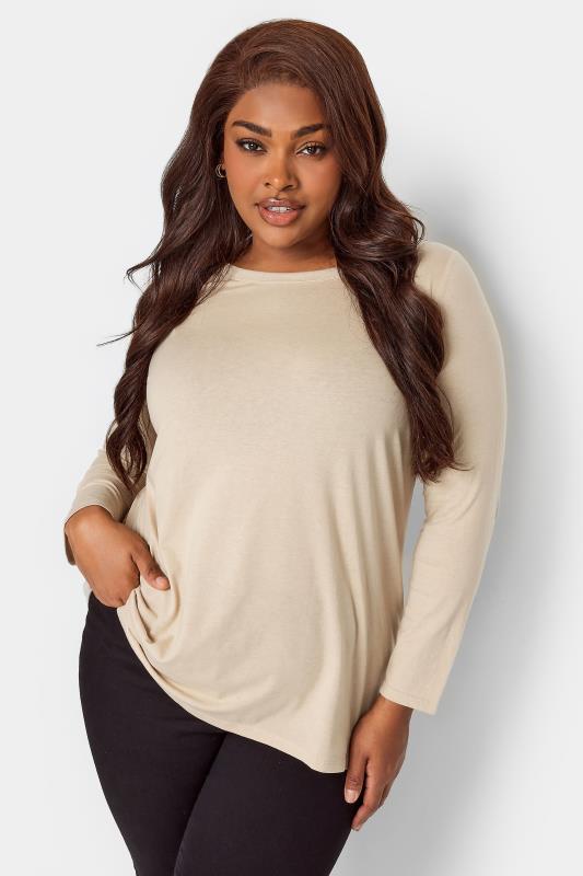 YOURS Curve Plus Size Beige Brown Long Sleeve Basic Top | Yours Clothing 1
