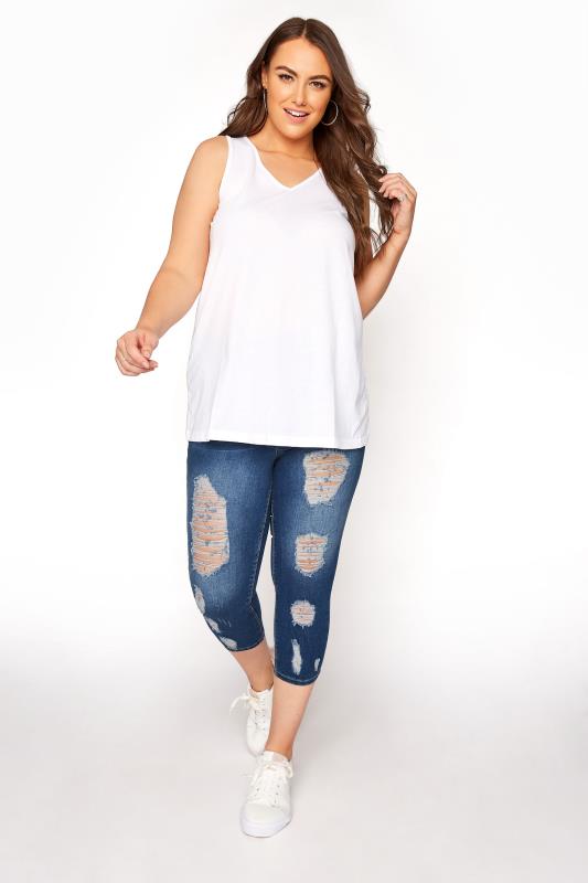 PLus Size YOURS FOR GOOD Indigo Blue Extreme Distressed Cropped JENNY Jeggings | Yours Clothing 2