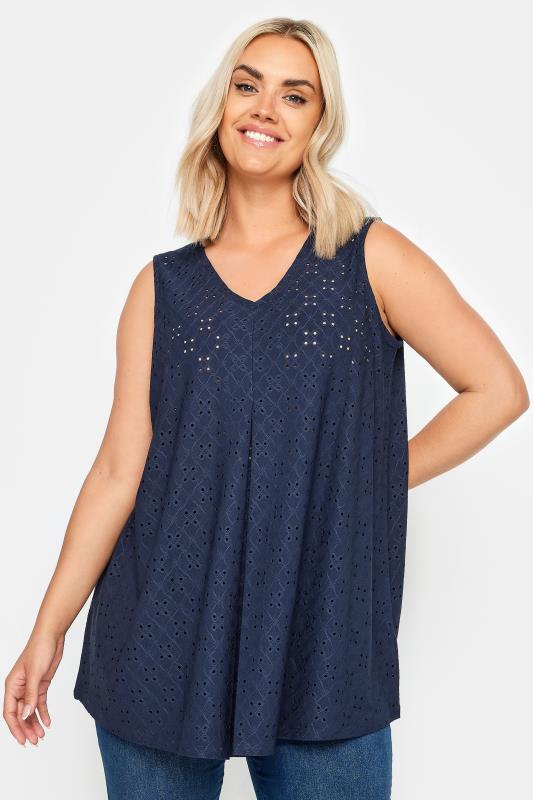 YOURS Plus Size Navy Blue Broderie Anglaise Swing Vest Top | Yours Clothing 1