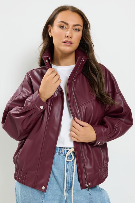YOURS Plus Size Red Faux Leather Funnel Neck Jacket | Yours Clothing 1