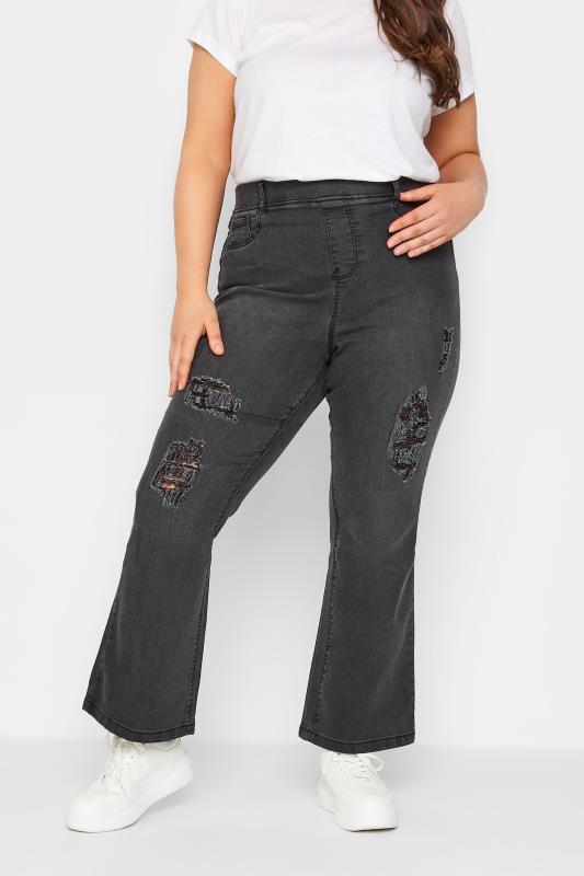  Tallas Grandes YOURS Curve Black Washed Ripped Pull-On HANNAH Bootcut Jeggings