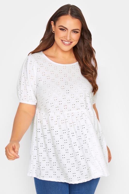 Plus Size  Curve White Broderie Anglaise Peplum Top