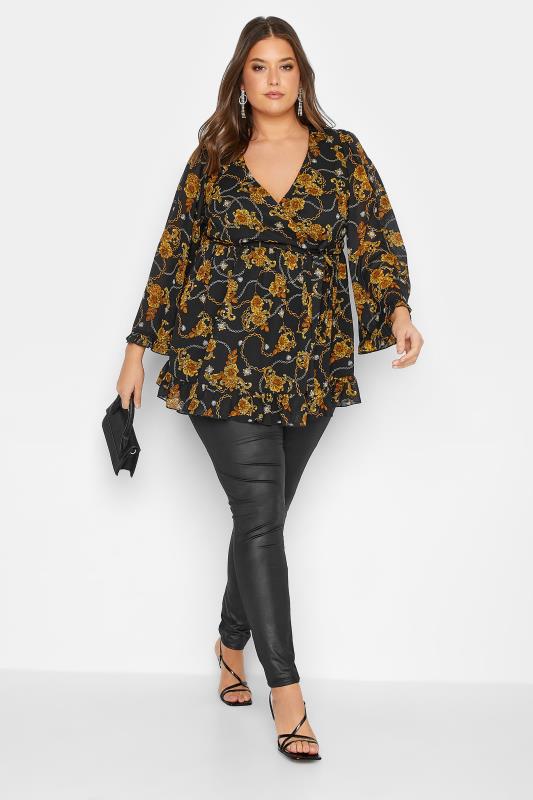 YOURS LONDON Plus Size Black Chain Floral Print Ruffle Wrap Top | Yours Clothing 2