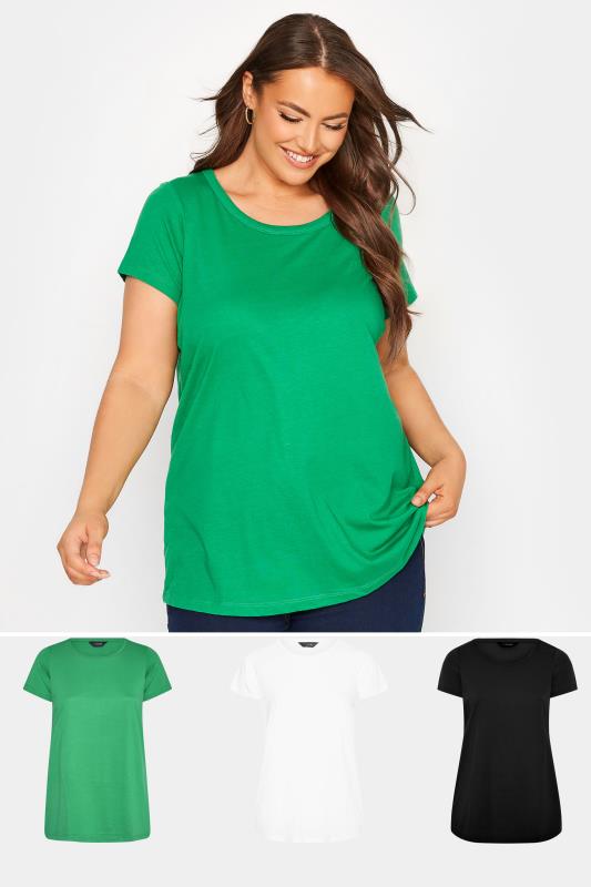 Plus Size  YOURS 3 PACK Curve Green & Black T-Shirts