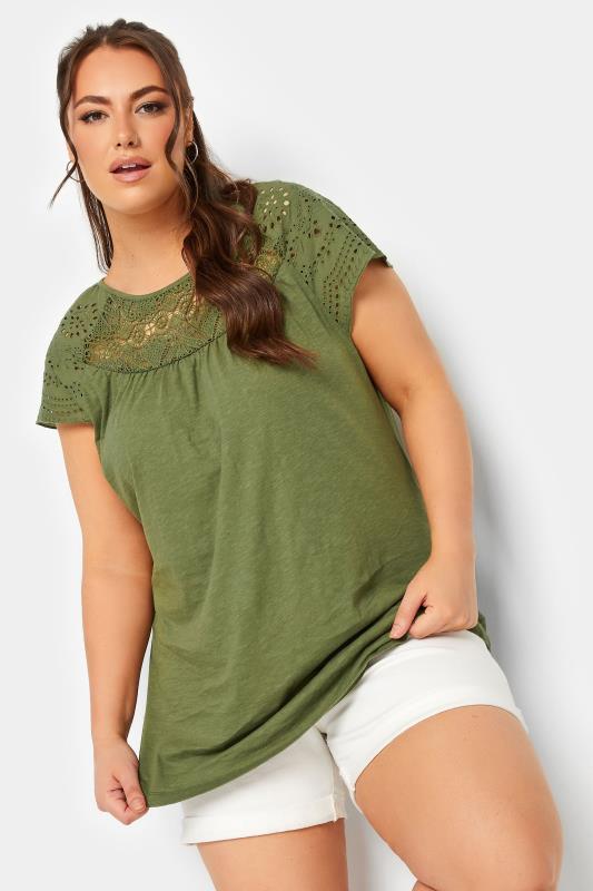 Plus Size  YOURS Curve Khaki Green Crochet Lace Top