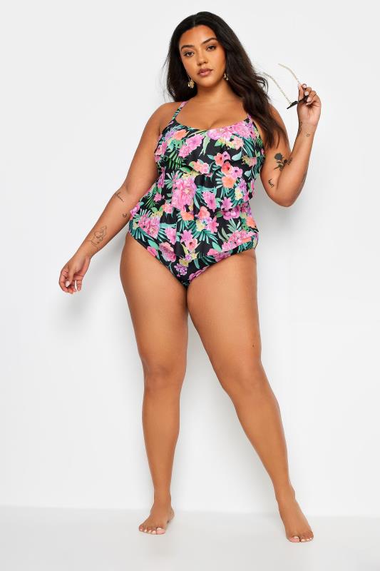 YOURS Plus Size Black Floral Print Frill Tummy Control Swimsuit | Yours Clothing 3