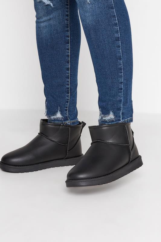  Black Faux Leather Faux Fur Lined Ankle Boots In Extra Wide EEE Fit