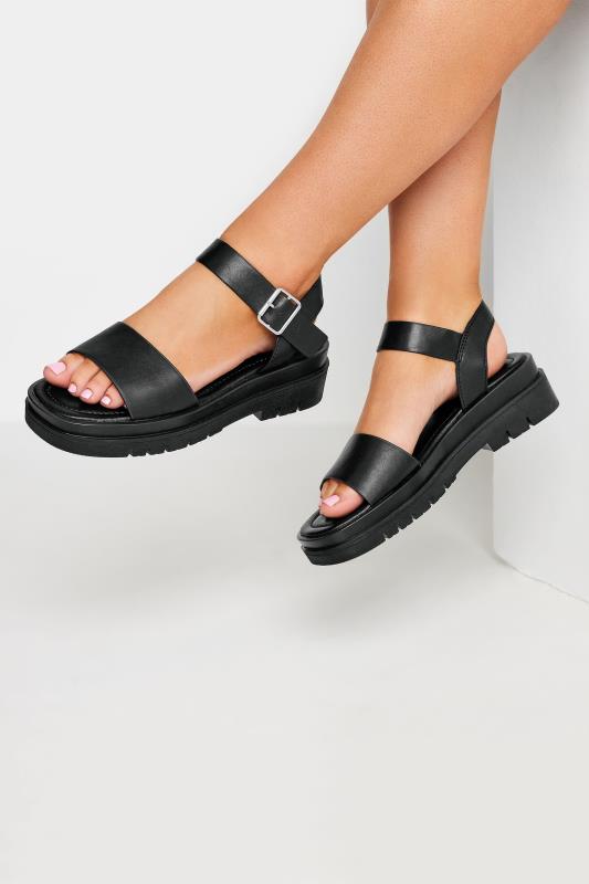  Grande Taille Black Two Part Chunky Sandals In Wide E Fit & Extra Wide EEE Fit