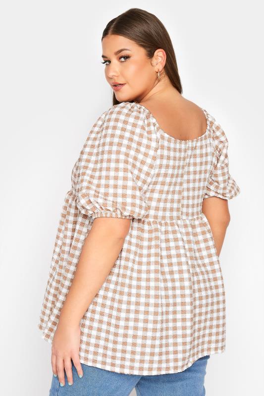 LIMITED COLLECTION Curve White & Brown Gingham Square Neck Smock Top 3