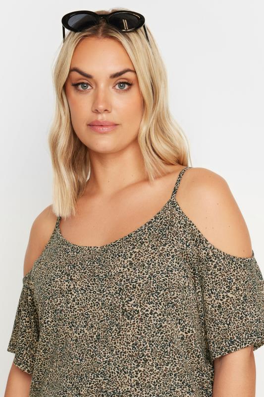 YOURS Plus Size Brown Leopard Print Cold Shoulder Top | Yours Clothing 4
