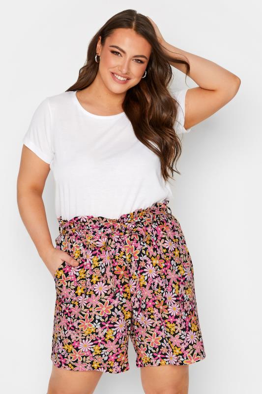 YOURS Plus Size Black Floral Print Paperbag Waist Shorts | Yours Clothing 1