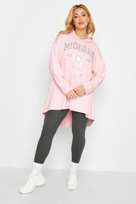 Curve Plus Size Light Pink 'Michigan' Slogan Longline Dip Back Hoodie | Yours Clothing  2