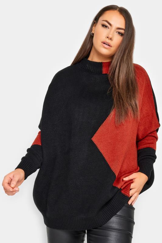 YOURS Plus Size Black & Rust Orange Colourblock Knitted Jumper | Yours Clothing 1