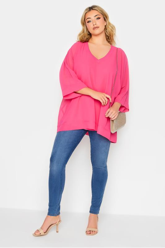 YOURS LONDON Plus Size Curve Bright Pink Chiffon Cape Blouse | Yours Clothing  2