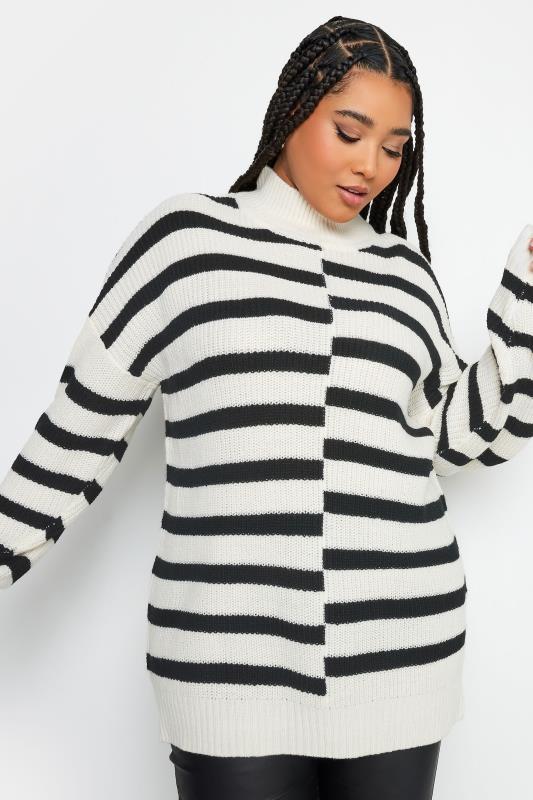YOURS Plus Size White Contrast Stripe Turtle Neck Jumper | Yours Clothing 1