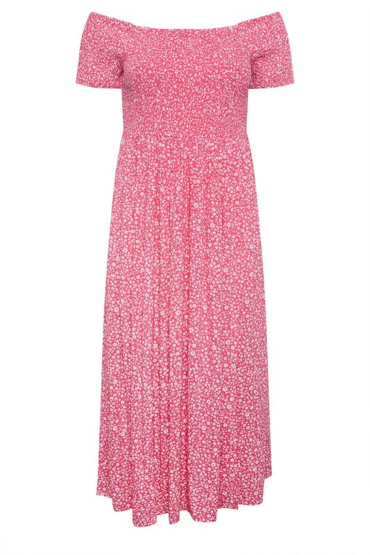 YOURS Plus Size Pink Ditsy Floral Print Shirred Bardot Maxi Dress | Yours Clothing 5