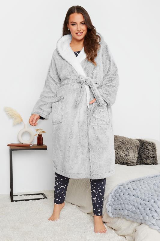  Grande Taille Curve Grey Contrast Hooded Dressing Gown