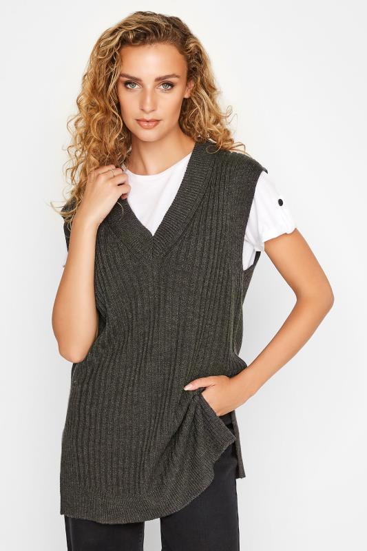 LTS Tall Charcoal Grey Knitted Ribbed Vest Top 1