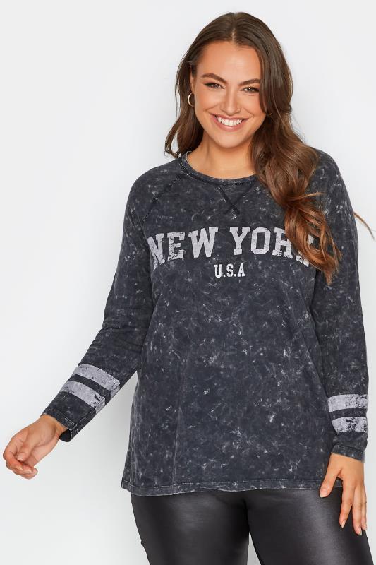 Plus Size  Curve Grey Acid Wash 'New York' Raglan T-Shirt