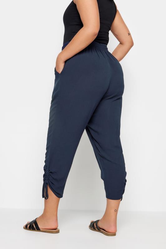 YOURS Plus Size Navy Blue Crinkle Ruched Cropped Trousers | Yours Clothing 3