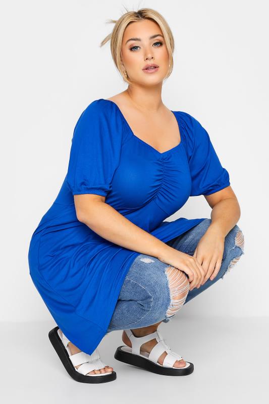 LIMITED COLLECTION Curve Cobalt Blue Puff Sleeve Ruched Top 4