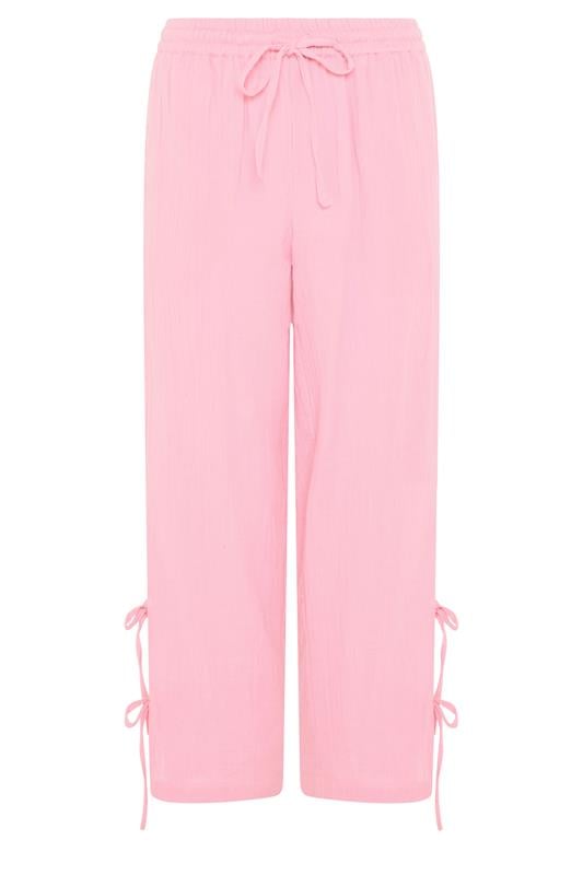 PixieGirl Petite Women's Pink Tie Detail Cotton Cheesecloth Wide Leg Trousers | PixieGirl 5
