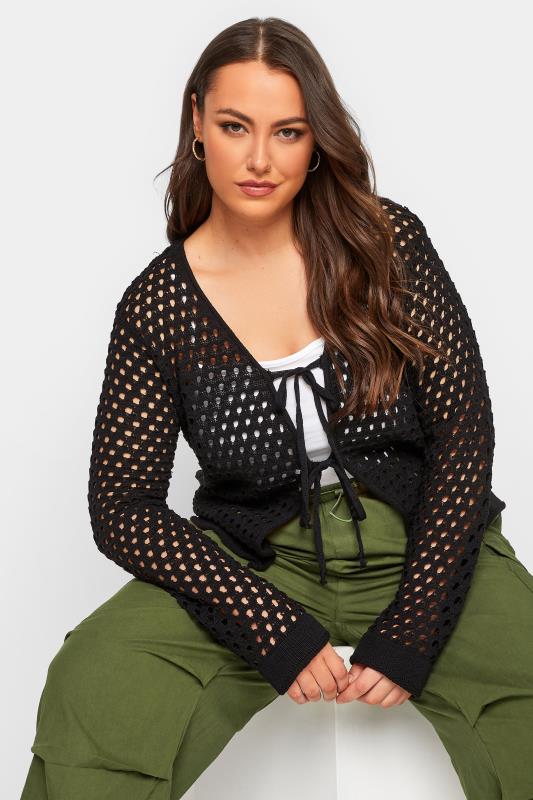 YOURS Plus Size Black Crochet Double Tie Cardigan | Yours Clothing 1