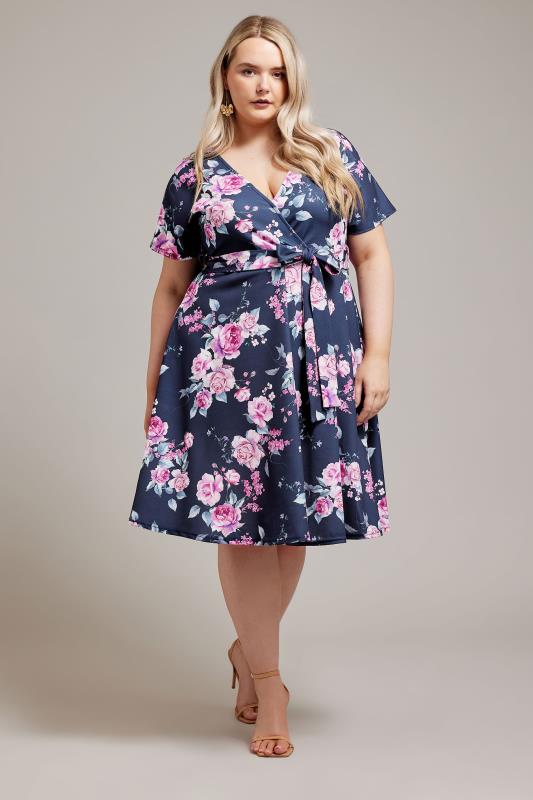 YOURS LONDON Plus Size Navy Blue Floral Wrap Dress | Yours Clothing 4