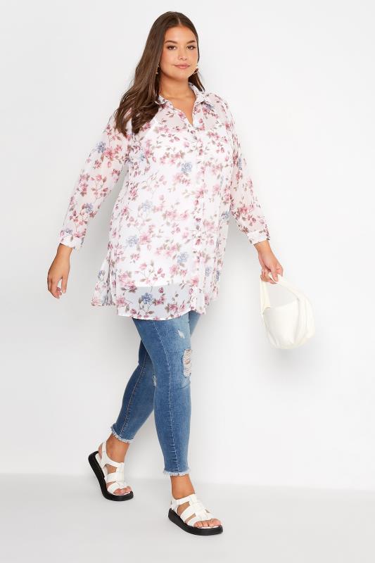 Plus Size White & Pink Floral Button Through Shirt | Yours Clothing 2