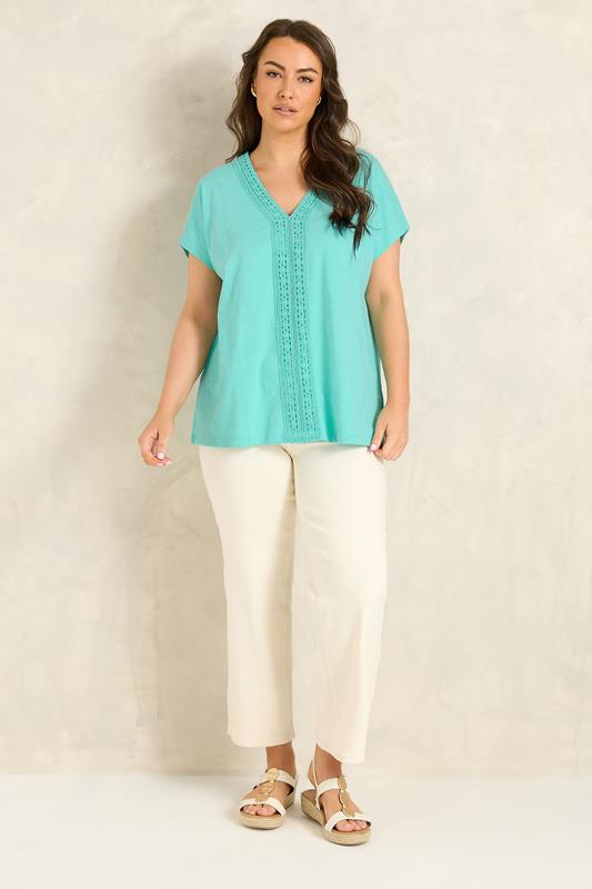 EVANS Plus Size Aqua Blue Cotton Crochet Trim Top | Evans 1