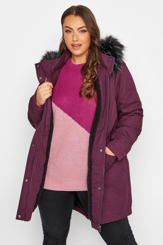 Curve Purple Faux Fur Lined Hooded Parka Coat 1