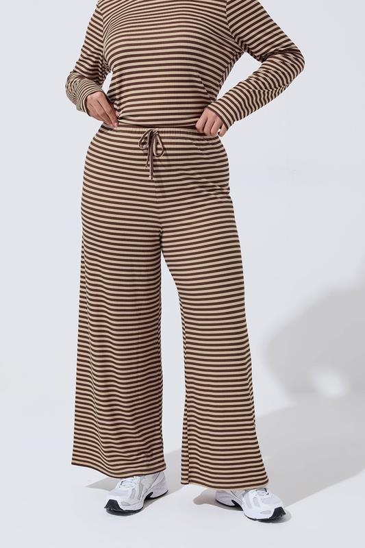 LIMITED COLLECTION Plus Size Chocolate Brown & Cream Ribbed Trousers | Yours Clothing 1