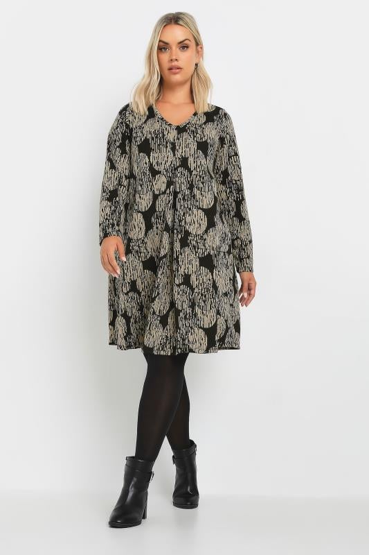 YOURS Plus Size Black & Beige Abstract Print Pleat Front Dress | Yours Clothing  2