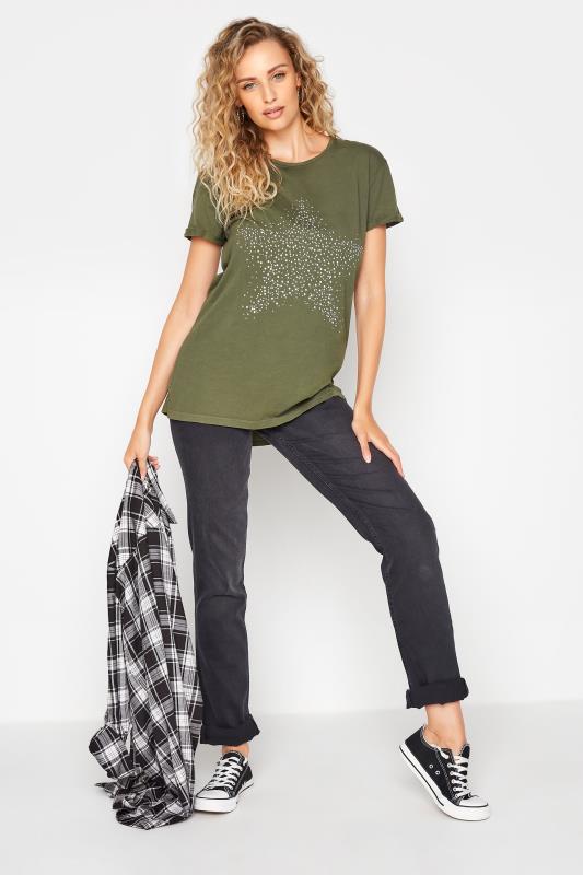 Tall Women's LTS Khaki Green Acid Wash Star Embellished T-Shirt | Long Tall Sally 2