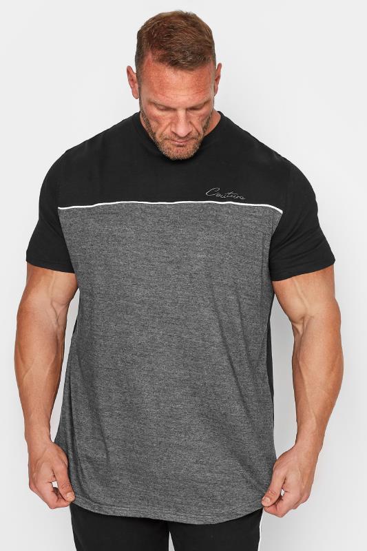  Grande Taille D555 Big & Tall Charcoal Grey 'Couture' Slogan Colour Block T-Shirt